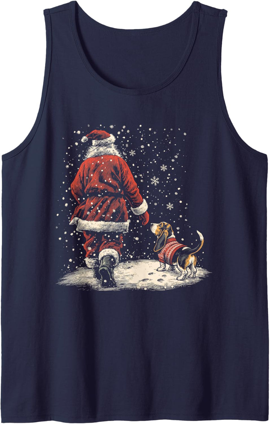 Santa Claus and Basset Hound Walking in Snow Christmas Sleeveless Tank Top - Navy Blue