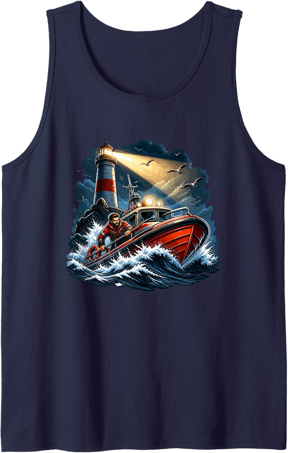 Captain Fishing Boat Lighthouse Ocean Waves Tank Top - Navy Blue