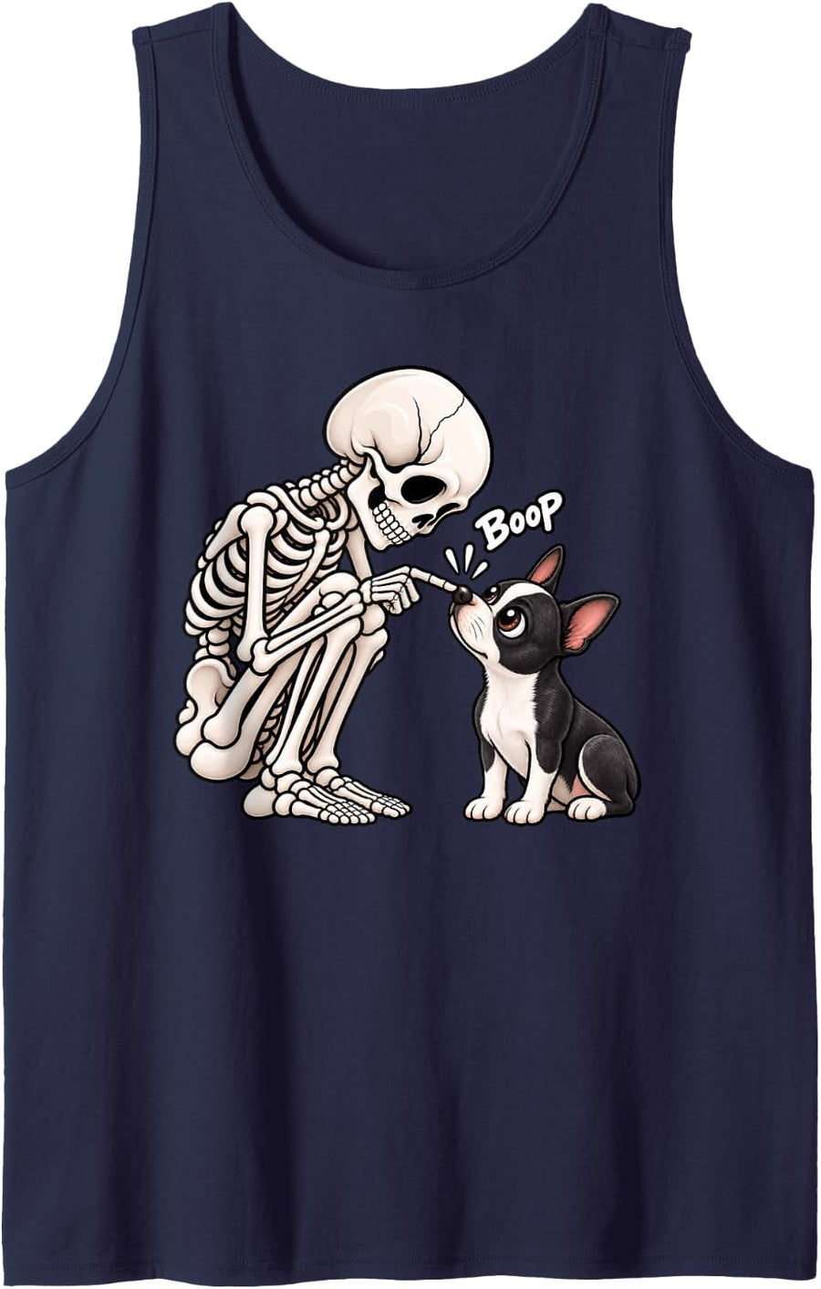 Funny Skeleton Boston Terrier Boop Halloween Dog Lover Mom Sleeveless Tank Top - Navy Blue