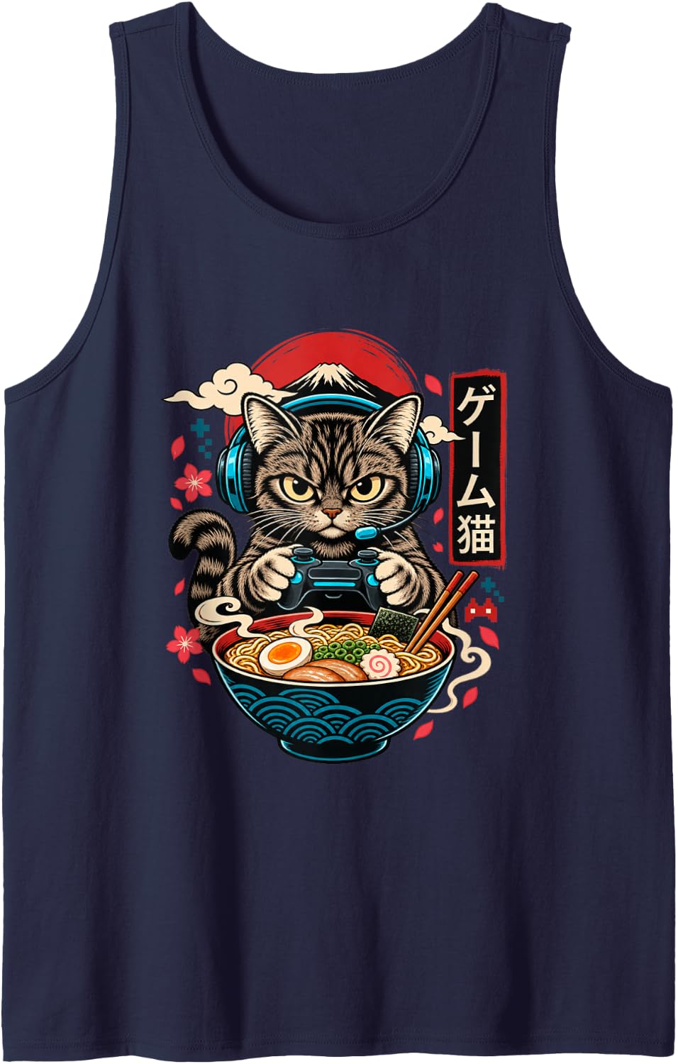 Ramen Cat Gaming Anime Japanese Funny Teen Boys Gamer Sleeveless Tank Top - Navy Blue