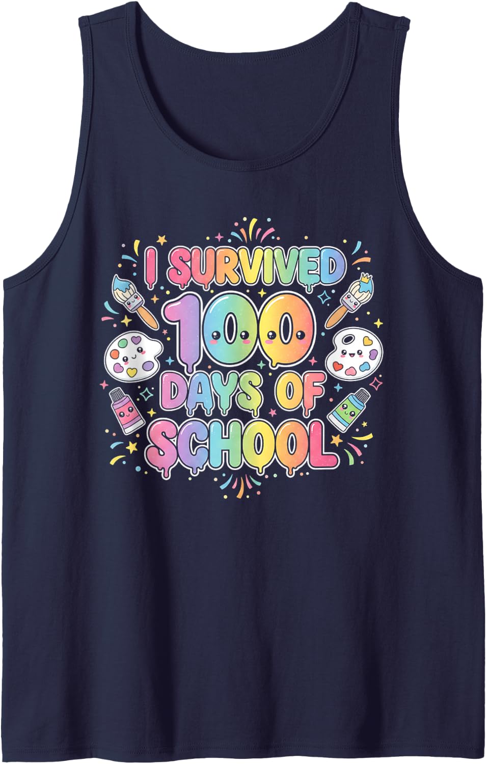 Cute I Survived 100 Days of School Art Teacher Kawaii Paint Sleeveless Tank Top - Navy Blue