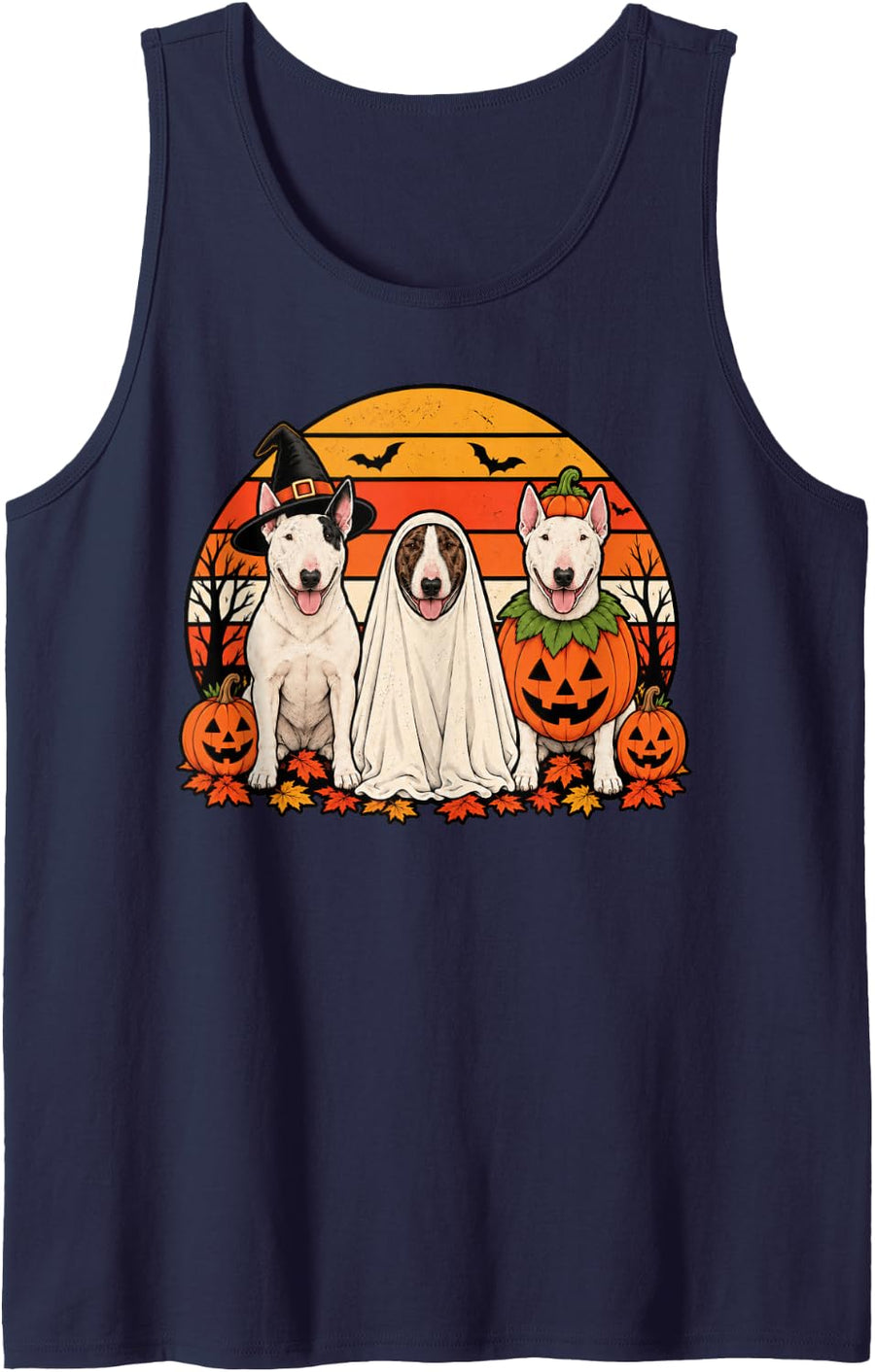 Spooky Bull Terrier Pumpkin Ghost Halloween Dog Lover Sleeveless Tank Top - Navy Blue