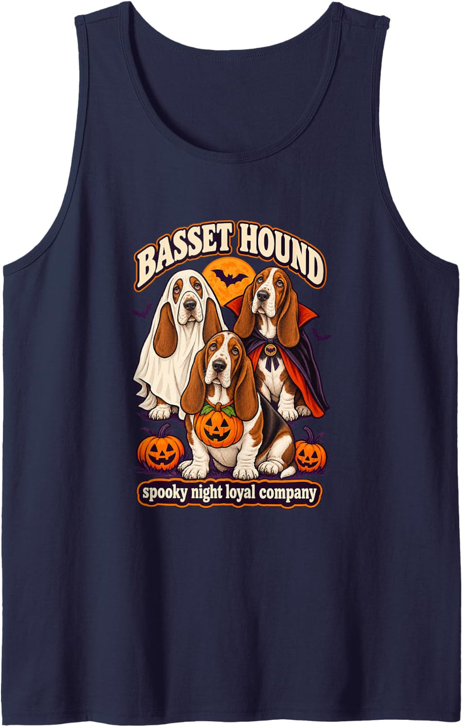Basset Hound - Spooky Night Loyal Company Halloween Sleeveless Tank Top - Navy Blue