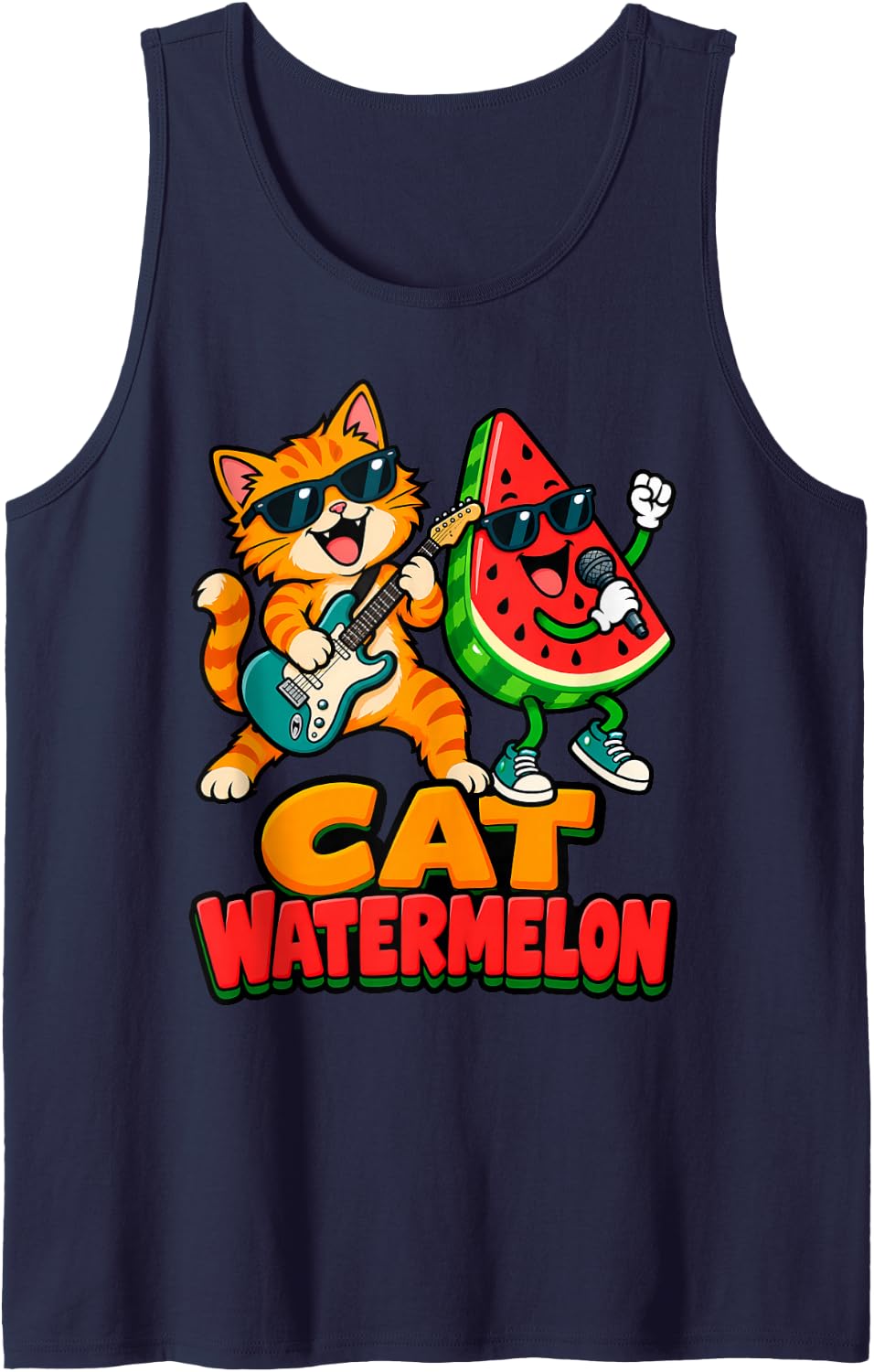 Cat Watermelon Funny Guitarist Singer Animal Fruit Music Duo Sleeveless Tank Top - Navy Blue