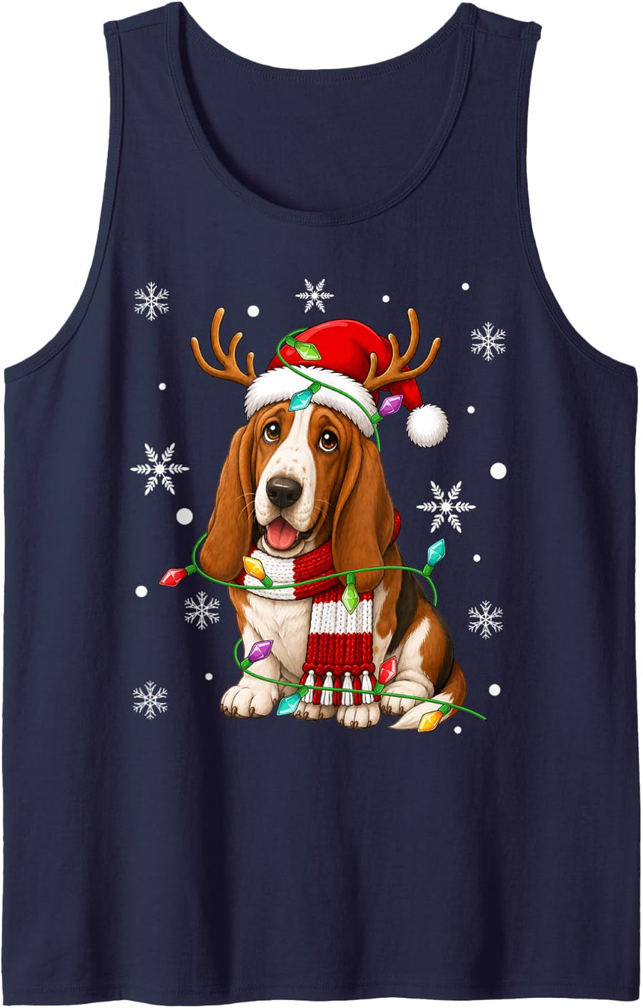 Basset Hound Dog Christmas Lights Santa Hat Scarf Xmas Sleeveless Tank Top - Navy Blue