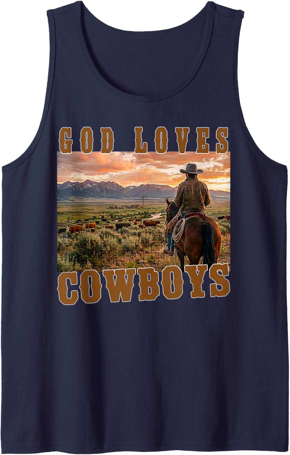 God Loves Cowboys Rodeo Western Country Faith line Dance Sleeveless Tank Top - Navy Blue