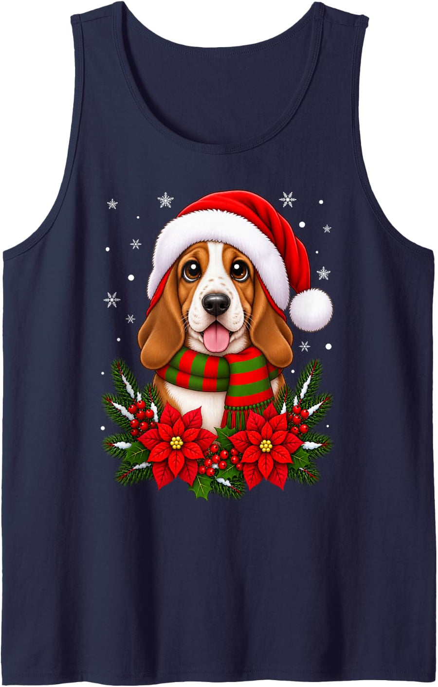 Cute Festive Flowers Santa Hat Basset Hound Dog Christmas Sleeveless Tank Top - Navy Blue