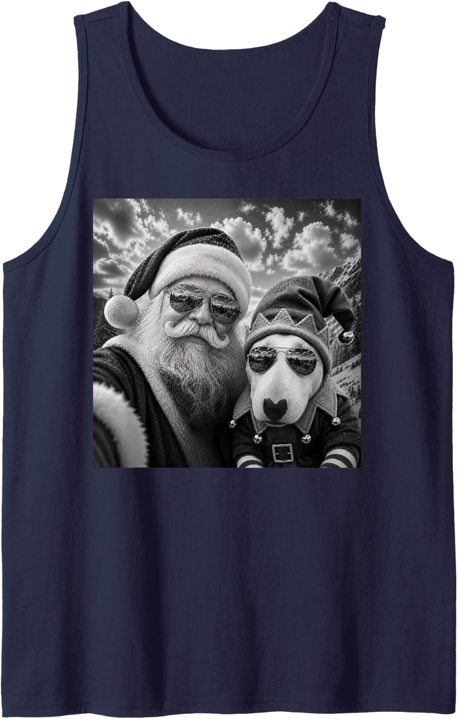 Funny Santa Selfie with Bull Terrier Dog Christmas Sleeveless Tank Top - Navy Blue