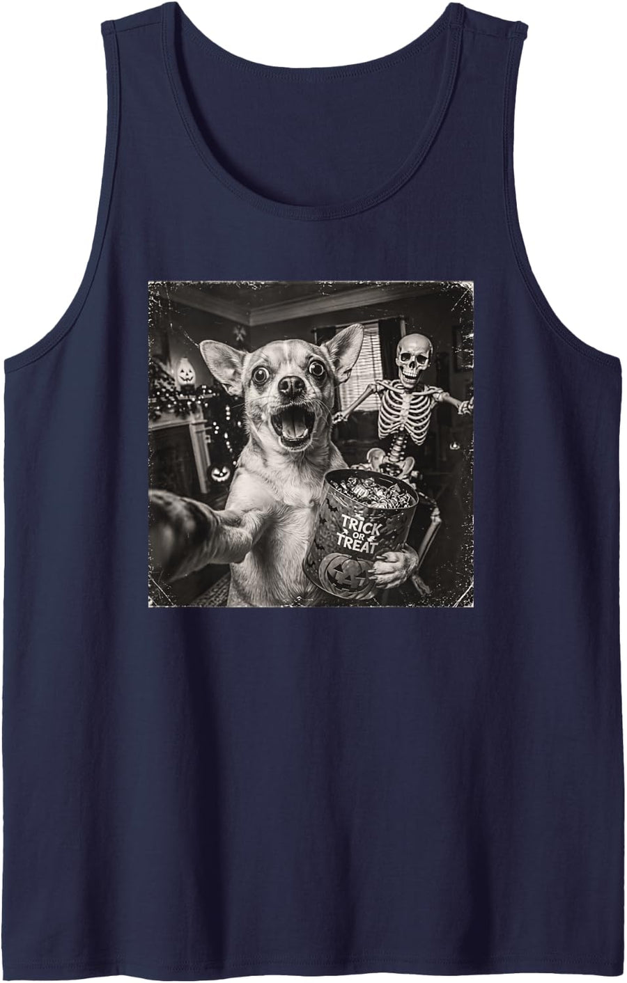 Halloween Chihuahua Selfie Scary Skeleton Dog Lover Spooky Sleeveless Tank Top - Navy Blue