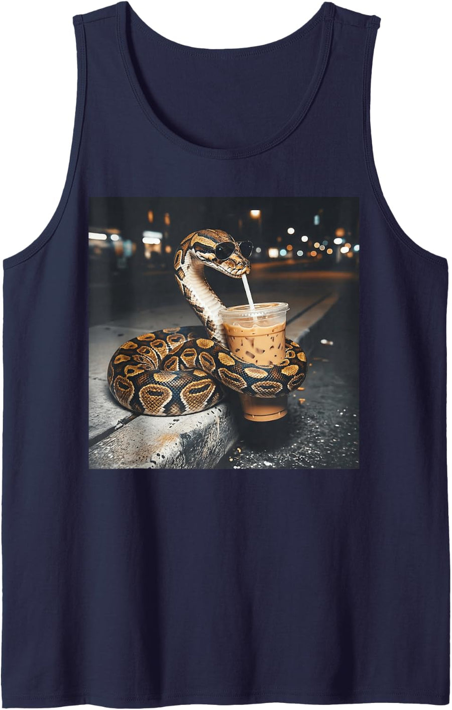 King Ball Python Snake Drinking Iced Coffee Funny Meme Sleeveless Tank Top - Navy Blue