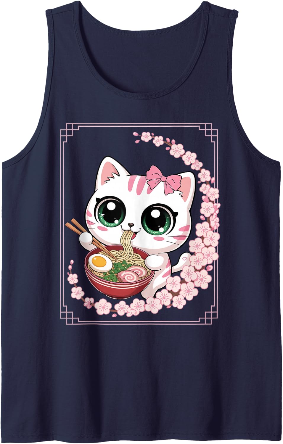 Cute Cat Eating Ramen Japanese Kawaii Anime Teens Girls Kids Sleeveless Tank Top - Navy Blue