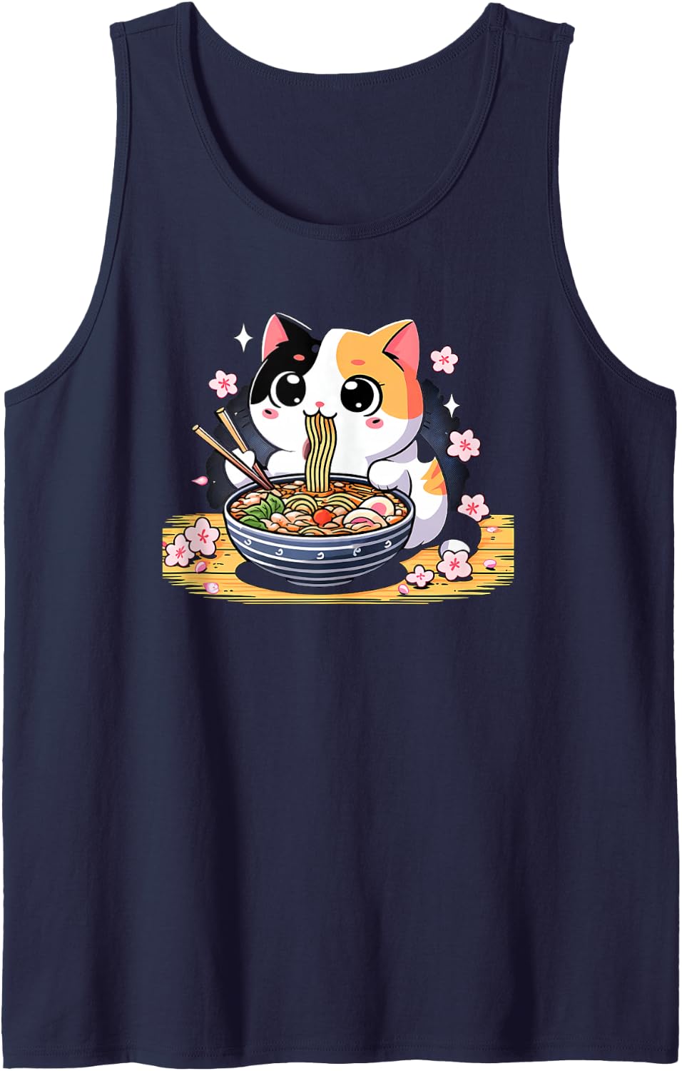 Kawaii Calico Cat Eating Ramen Sleeveless Tank Top - Navy Blue