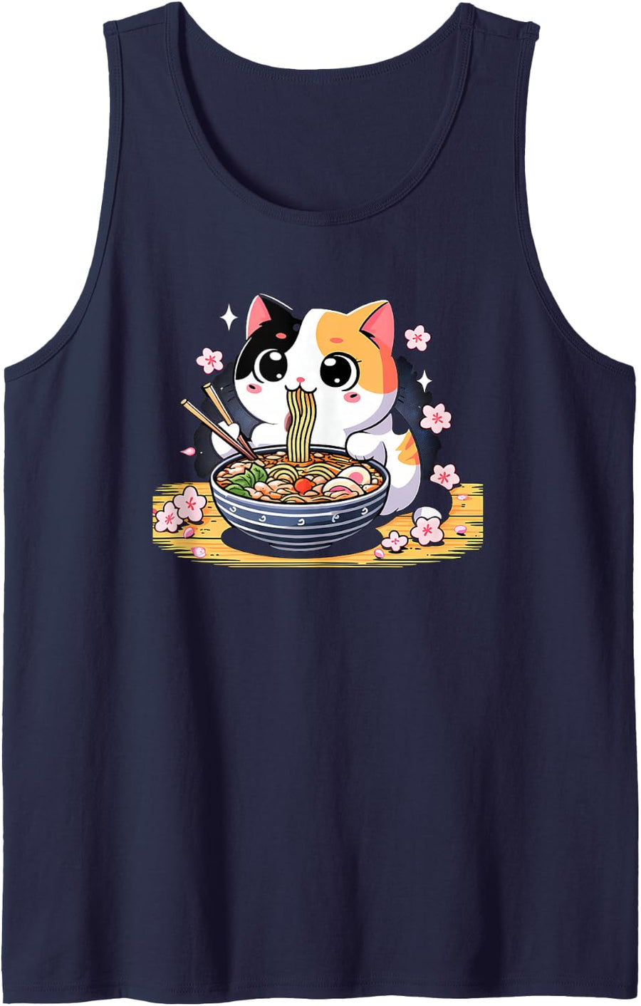 Kawaii Calico Cat Eating Ramen Sleeveless Tank Top - Navy Blue