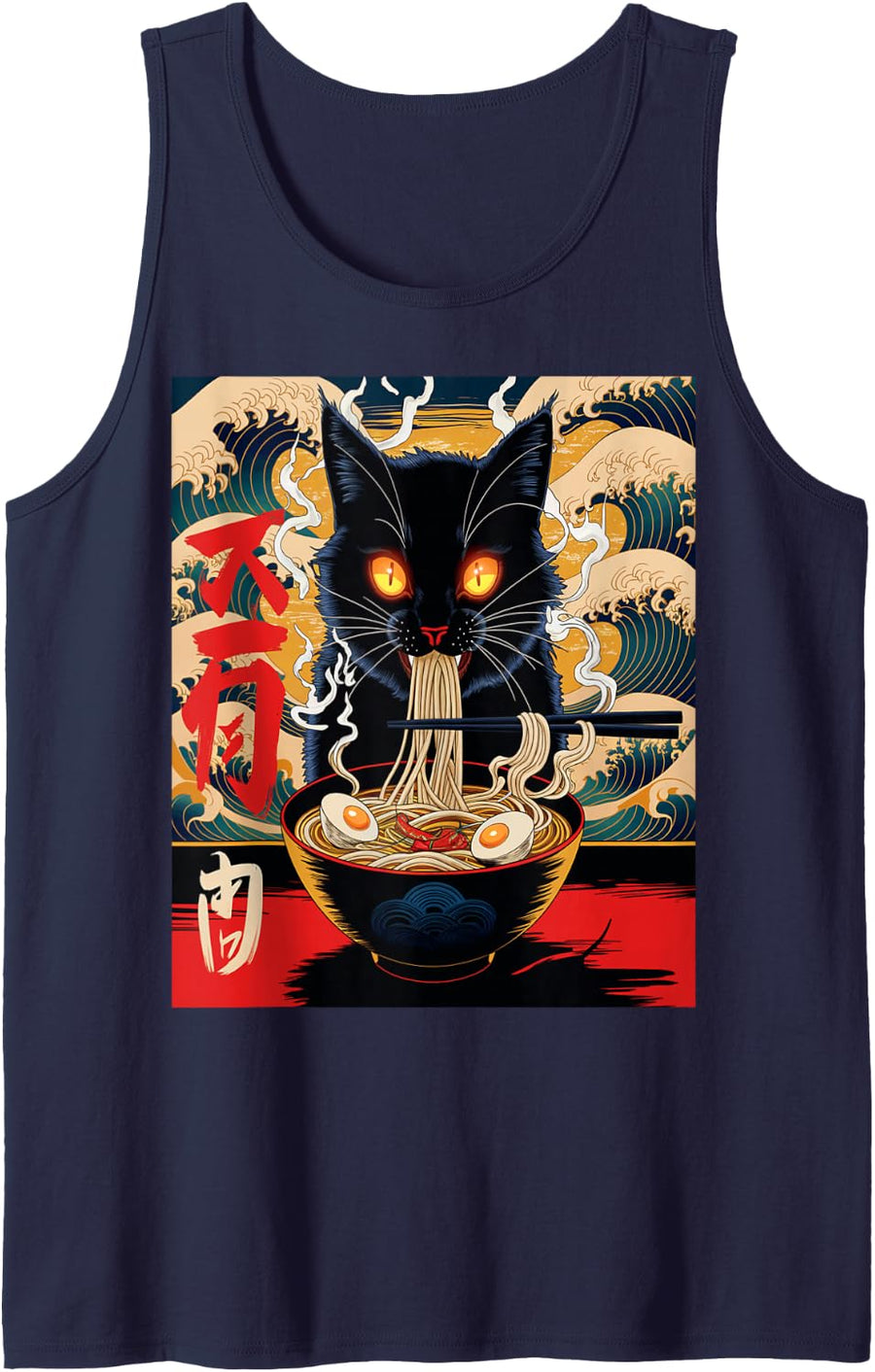 Cat Ramen Japanese Funny Graphic Tees Kawaii Cat Anime tee Sleeveless Tank Top - Navy Blue