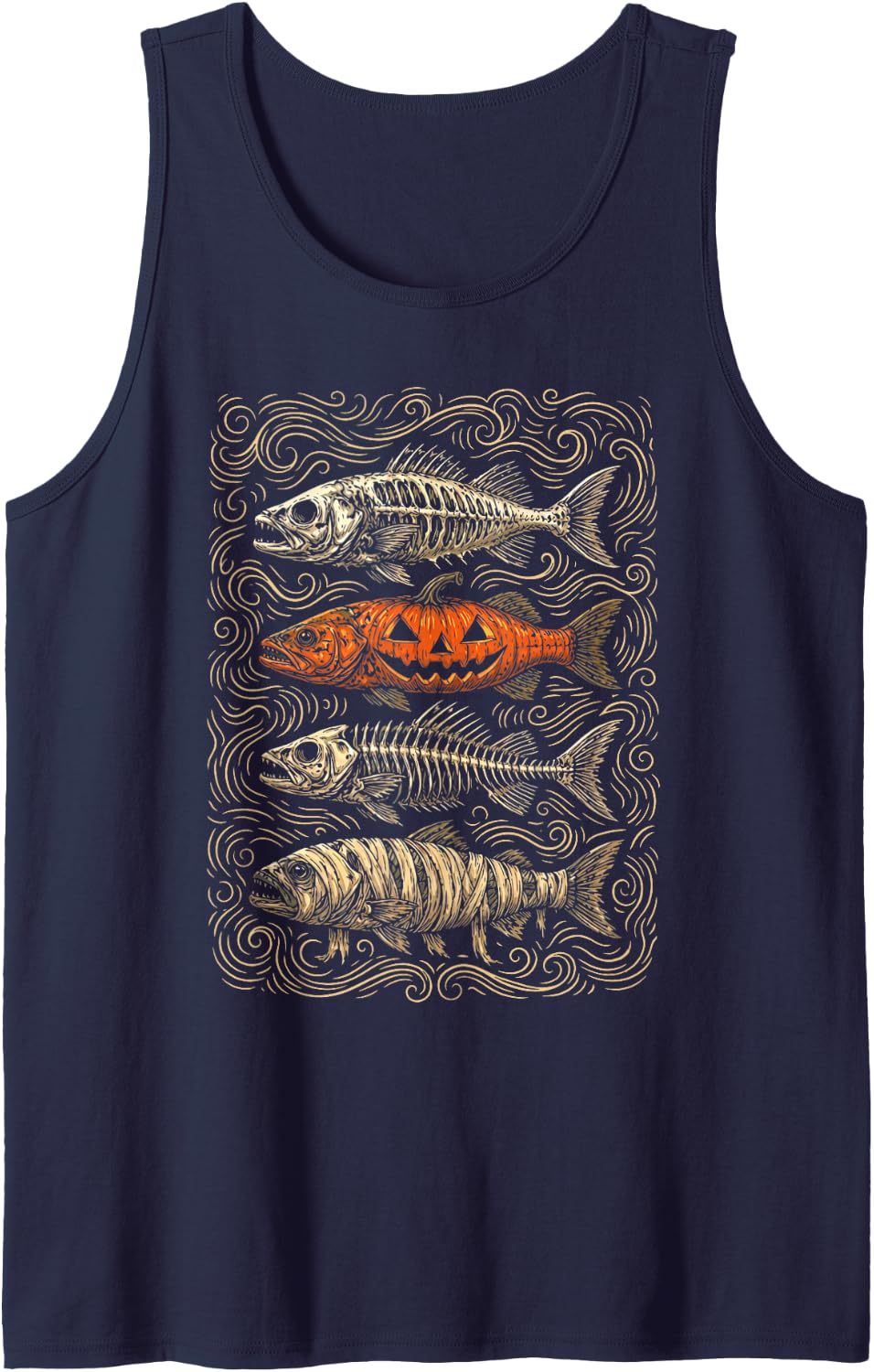 Halloween Trout Fish Ghost Pumpkin Skeleton Mummy Retro Tank Top - Navy Blue