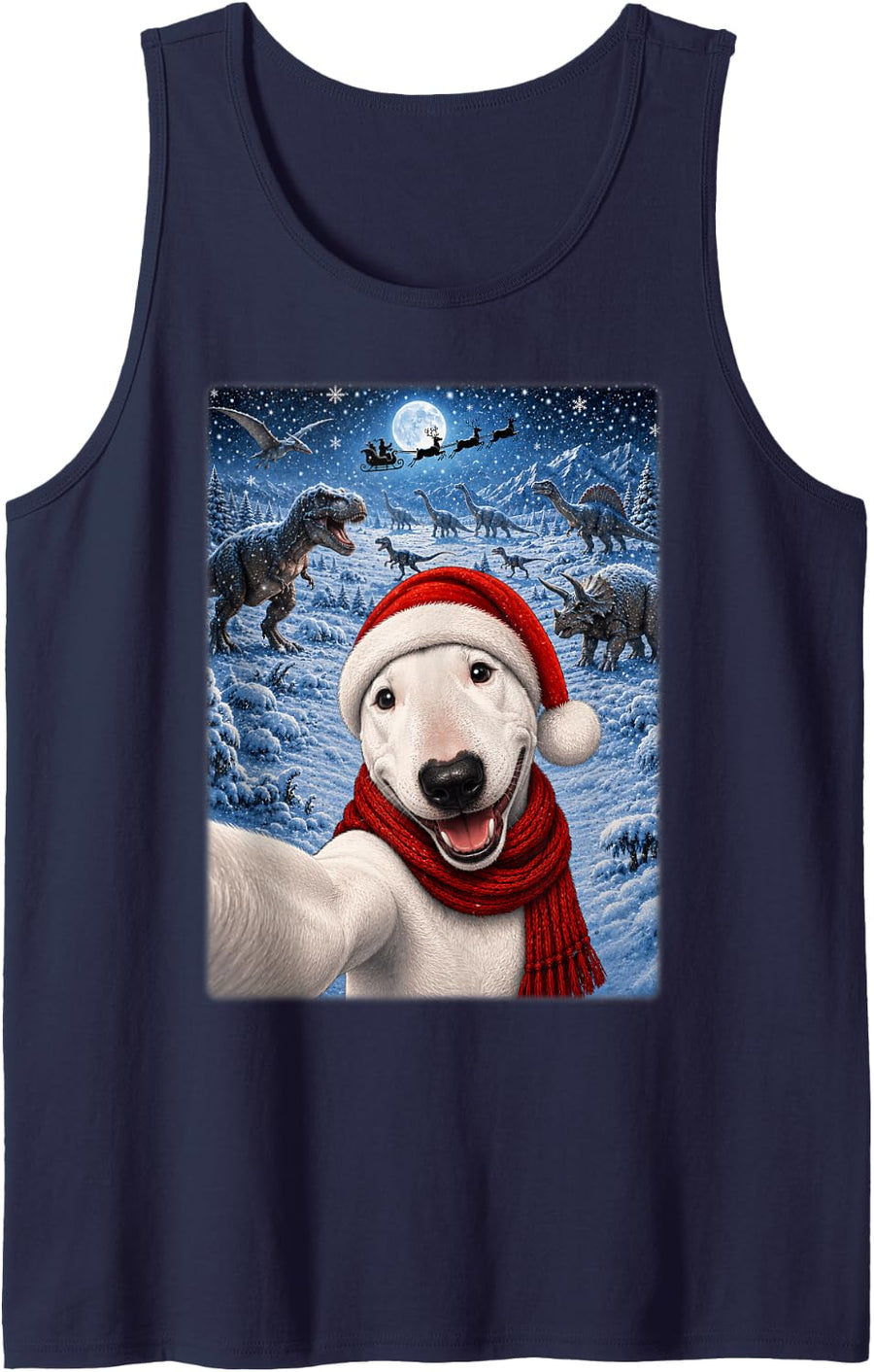 Bull Terrier Dog Christmas Moon Night Starry Dinosaurs Xmas Tank Top - Navy Blue