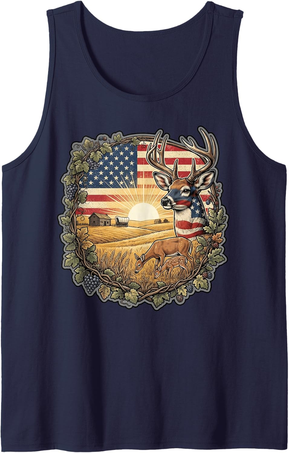 American Flag Deer Farm Sunset Wildlife Country Art Sleeveless Tank Top - Navy Blue