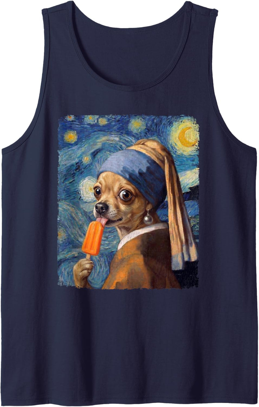 Chihuahua Ice Pop Dog Pearl Earring The Starry Night Art Sleeveless Tank Top - Navy Blue