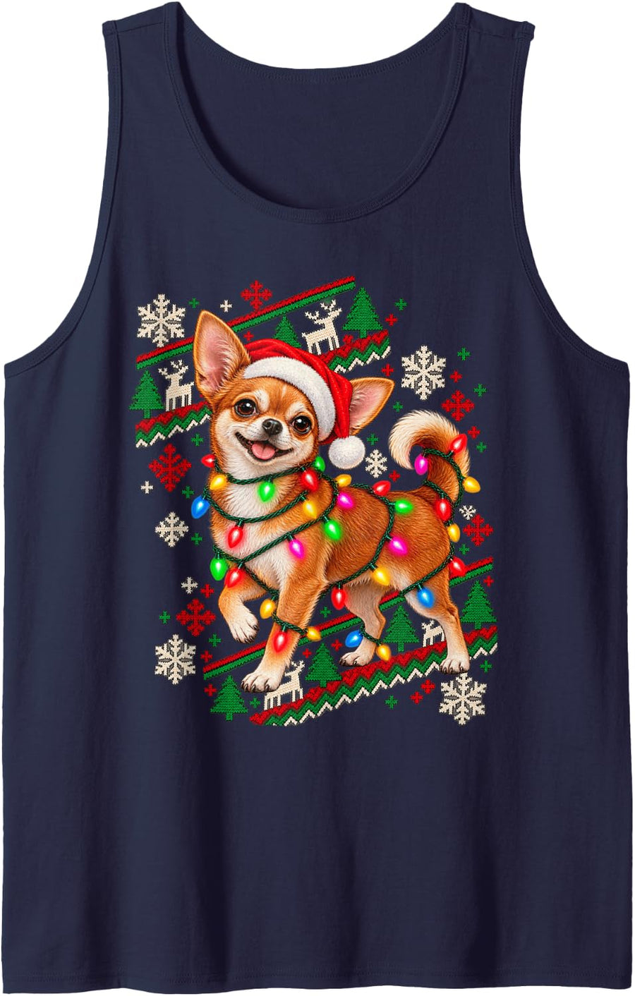 Christmas Lights Chihuahua Happy Holiday Design Sleeveless Tank Top - Navy Blue