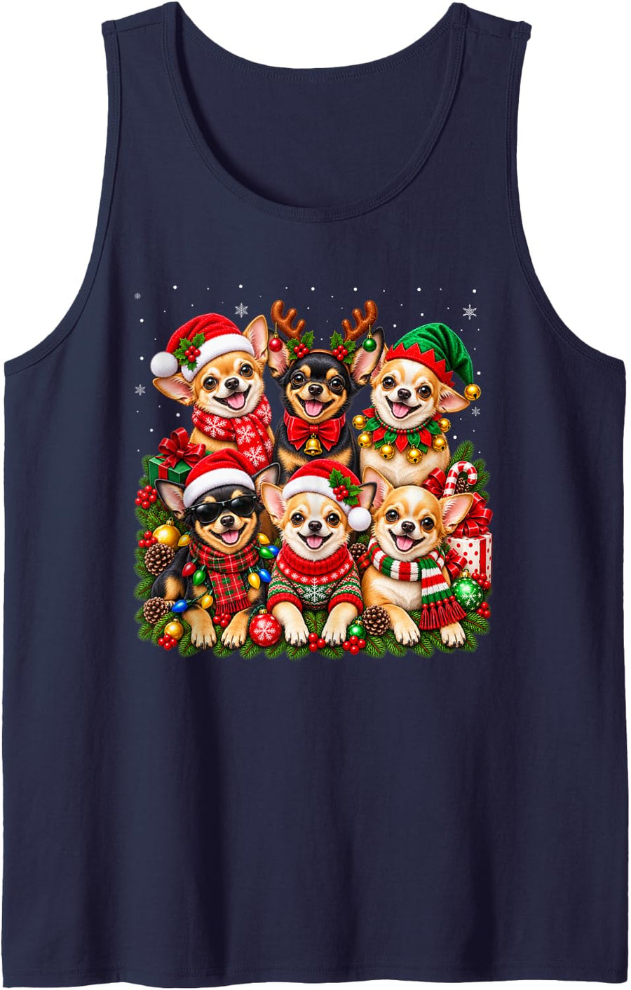 Chihuahua Dog Christmas Tree Lights Xmas Matching Pajama Sleeveless Tank Top - Navy Blue