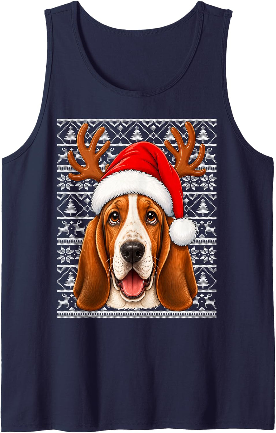 Basset Hound Dog Christmas Santa Hat Ugly Sweater Xmas Sleeveless Tank Top - Navy Blue
