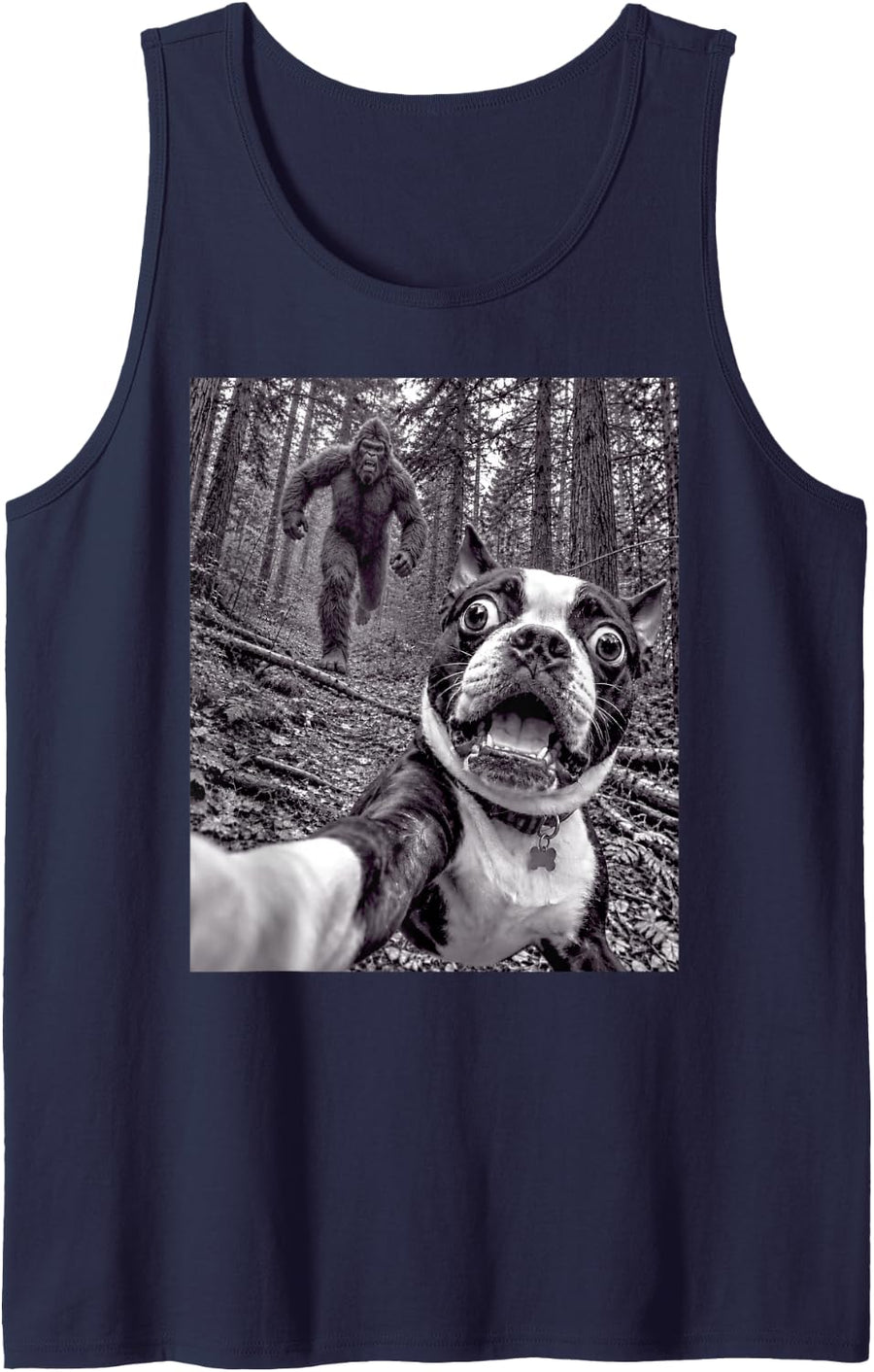 Funny Boston Terrier Selfie with Bigfoot Sasquatch Men Women Sleeveless Tank Top - Navy Blue