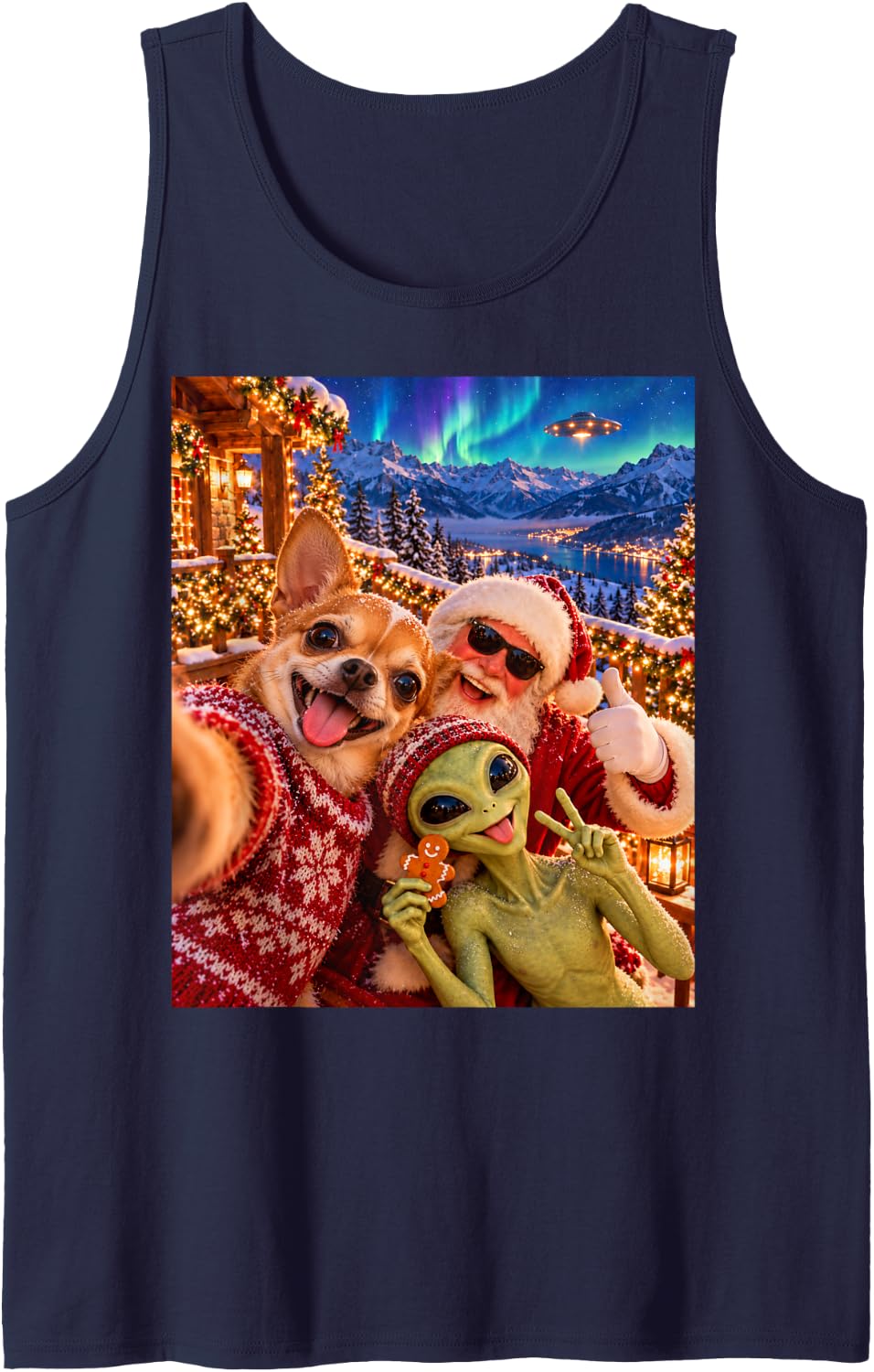 Chihuahua Happy Christmas Selfie with Santa and Alien Sleeveless Tank Top - Navy Blue