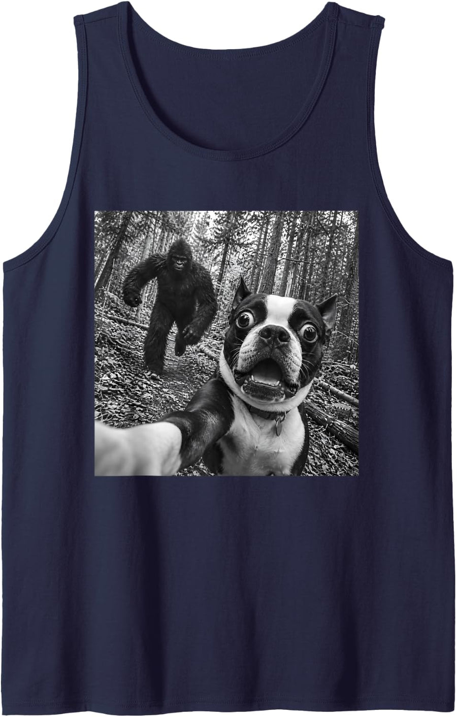 Boston Terrier Bigfoot Selfie Funny Sasquatch Photobomb Dog Sleeveless Tank Top - Navy Blue