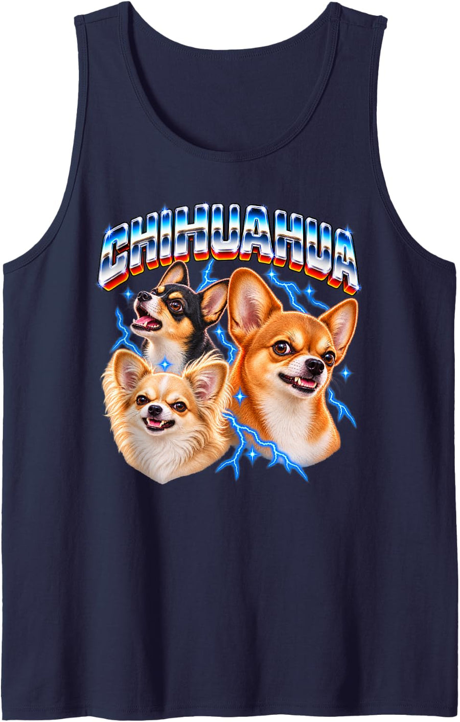 Vintage Chihuahua Retro 1980s Lightning Art for Dog Lovers Sleeveless Tank Top - Navy Blue