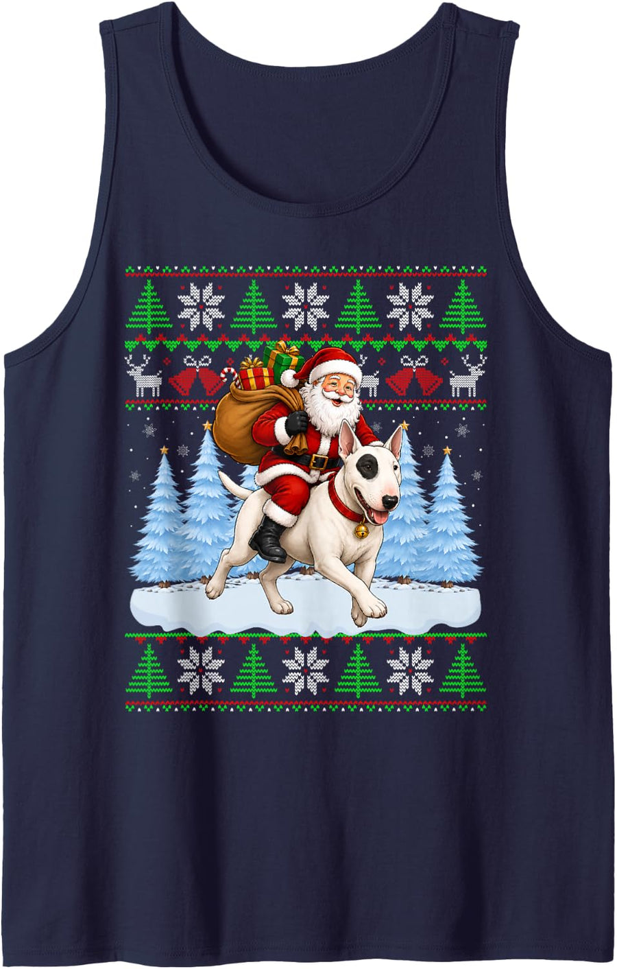 Ugly Xmas Funny Santa Riding Bull Terrier Dog Christmas Sleeveless Tank Top - Navy Blue