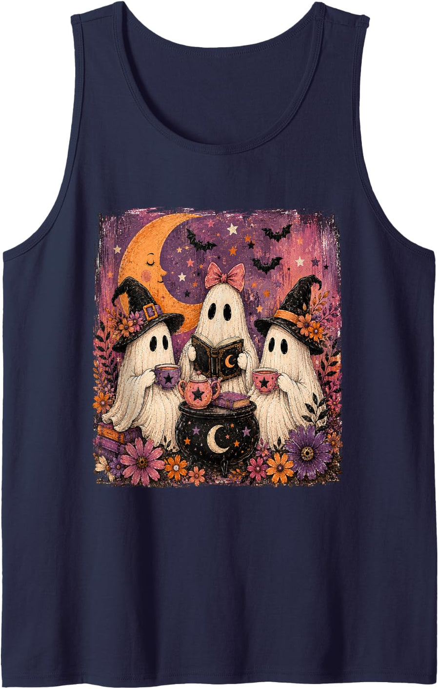 Floral Spooky Season Witchy Tea Party Cute Ghost Halloween Tank Top - Navy Blue