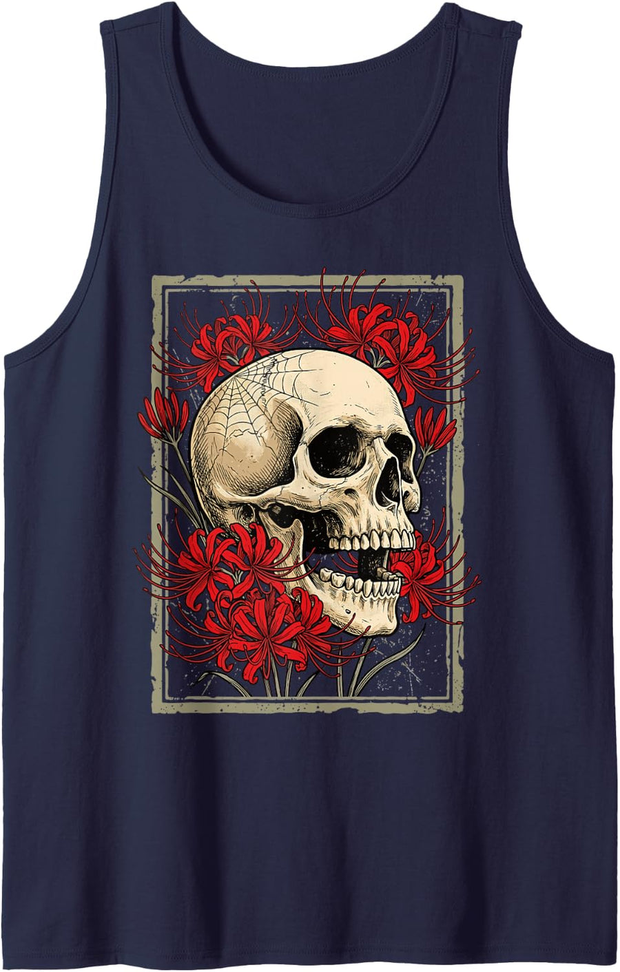 Skull Red Spider Lily Japanese Flower Aesthetic Floral Sleeveless Tank Top - Navy Blue