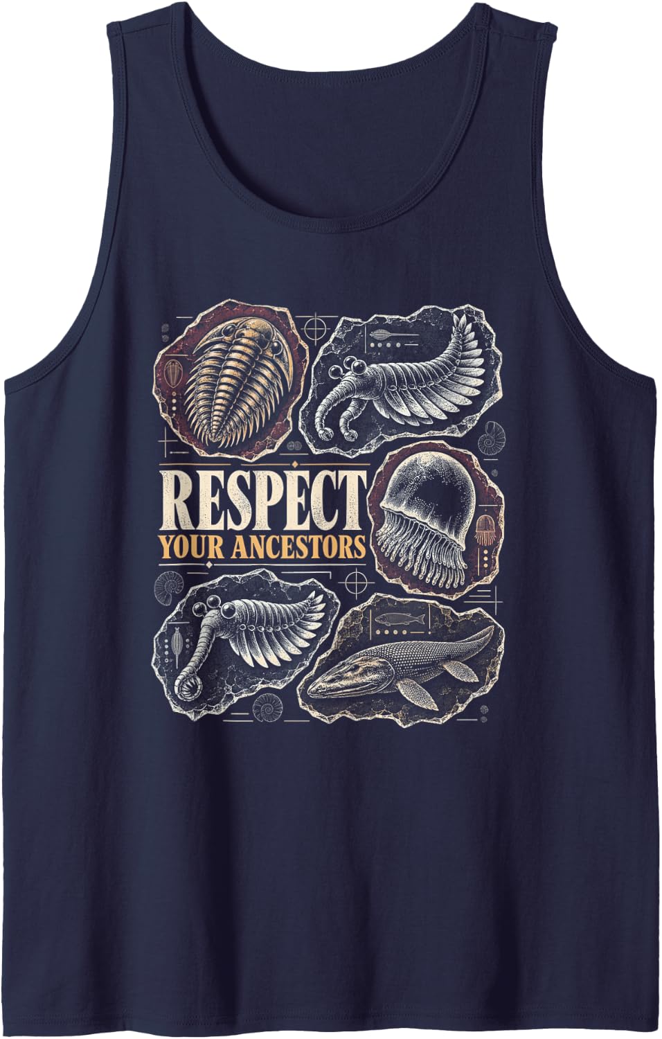 Respect Your Ancestors Paleontology Evolution Science Nerd Sleeveless Tank Top - Navy Blue
