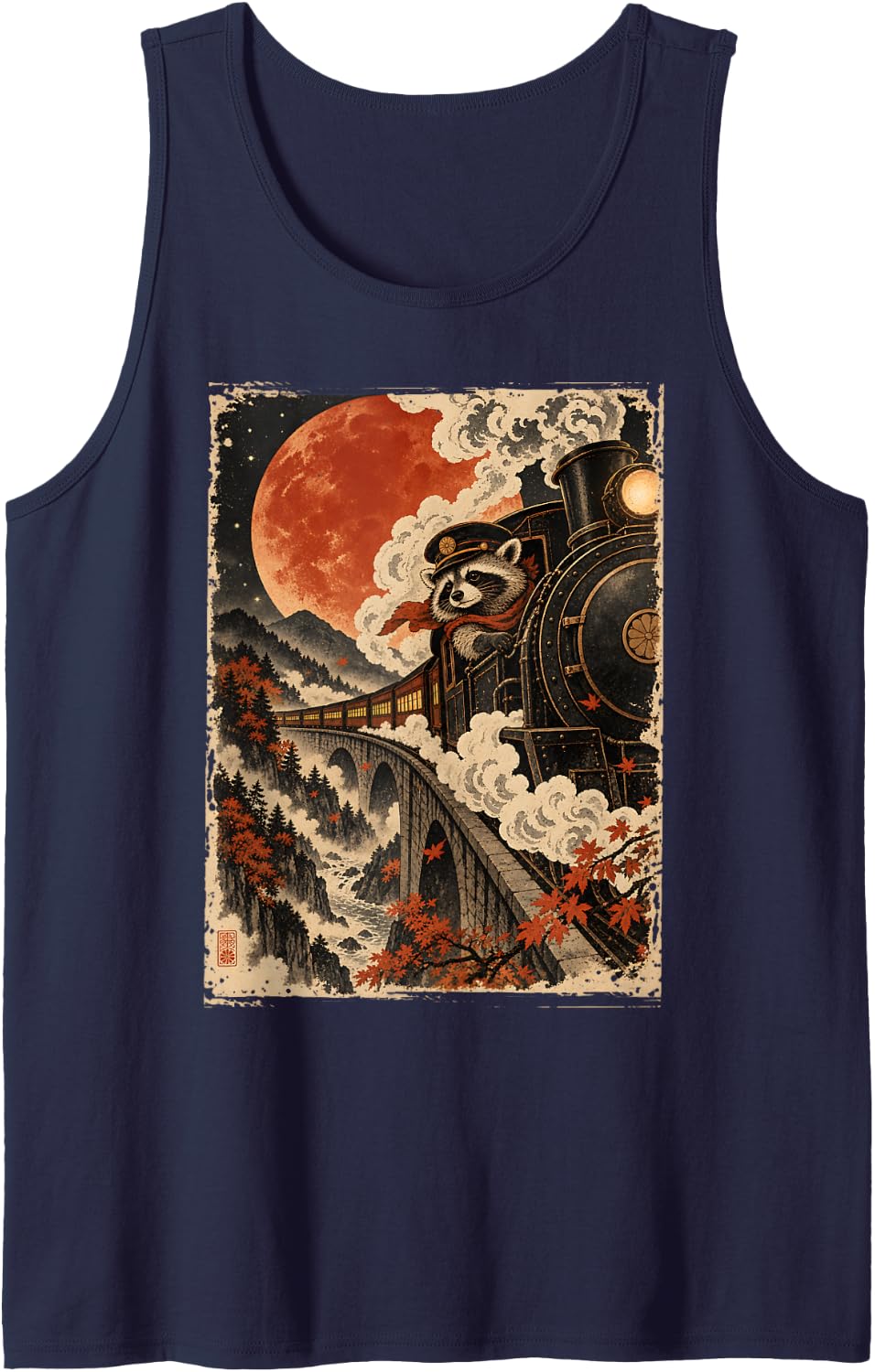 Raccoon Steam Railway Autumn Leaves Japanese Art Raccoon Sleeveless Tank Top - Navy Blue