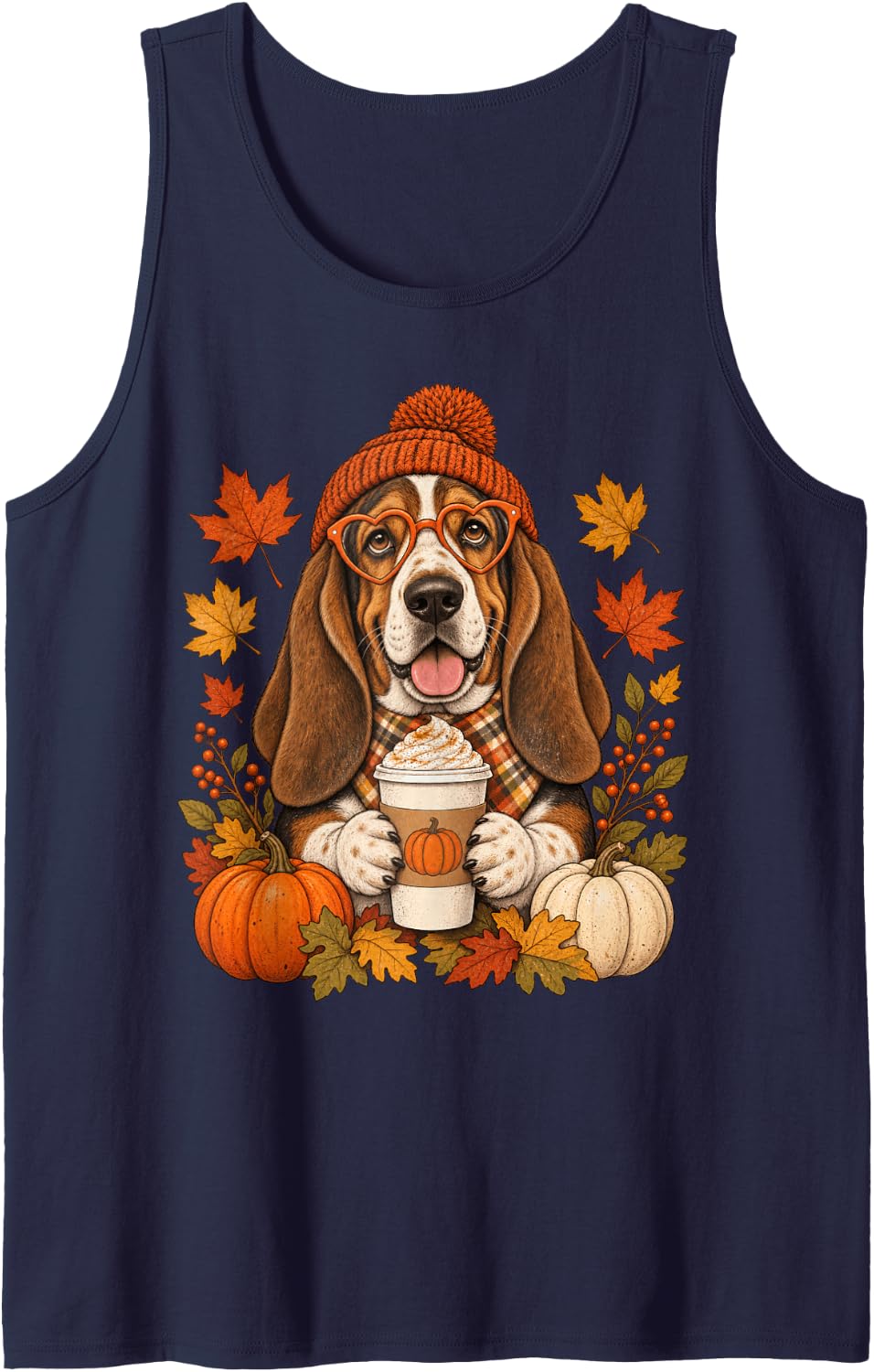 Basset Hound Fall Autumn Season Pumpkin Spice Dog Sleeveless Tank Top - Navy Blue