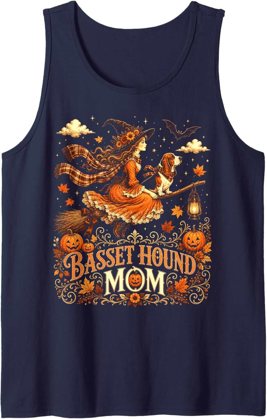 Halloween Witch Mom Basset Hound Broom Vintage Fall Sleeveless Tank Top - Navy Blue