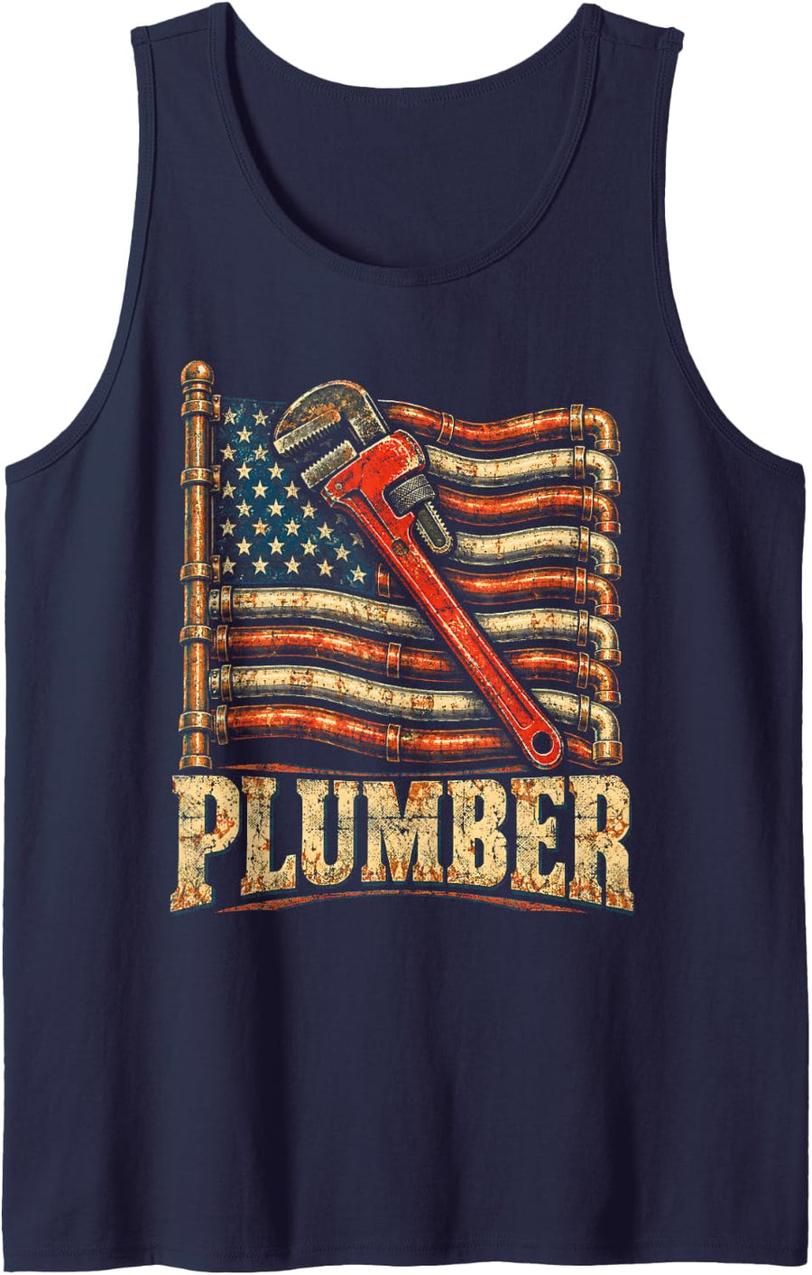 Men's Plumber American Flag Plumbing Pipefitter Plumber Dad Men Sleeveless Tank Top - Navy Blue