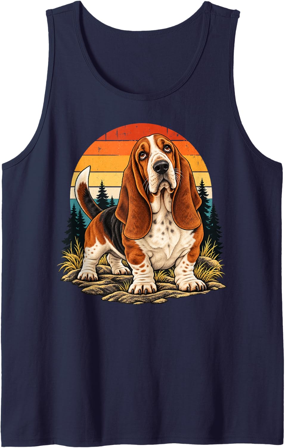Basset Hound Dog Vintage Sunset Forest Nature Portrait Art Sleeveless Tank Top - Navy Blue