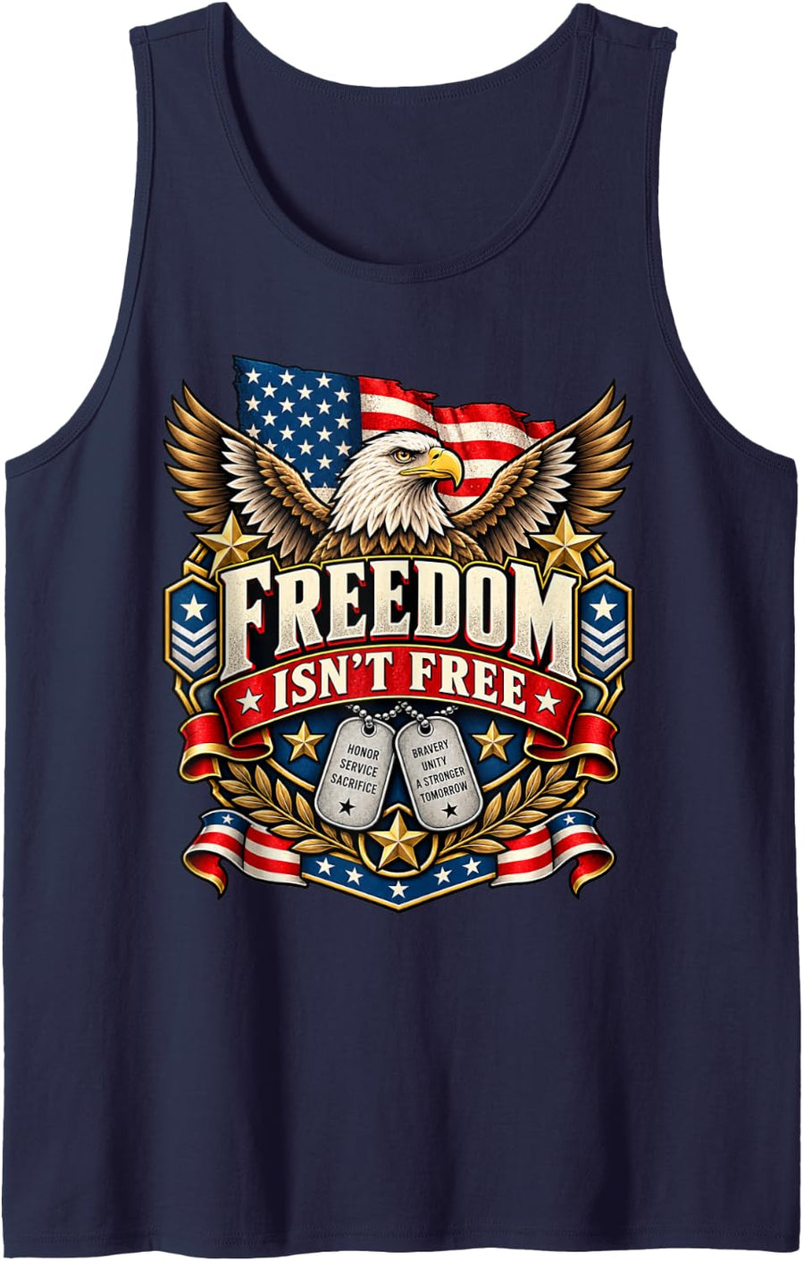 Freedom Isn't Free Veteran Patriotic Eagle American Flag Sleeveless Tank Top - Navy Blue