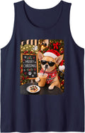 Merry Christmas Chill Chihuahua Coffee Santa Hat Holiday Sleeveless Tank Top - Navy Blue