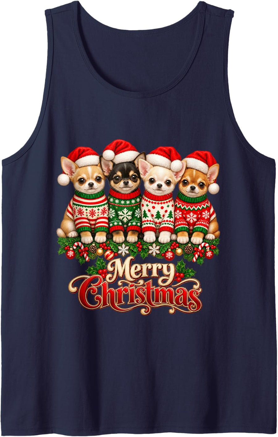 Merry Christmas Chihuahua Santa Hat Holiday Animal Lover Sleeveless Tank Top - Navy Blue
