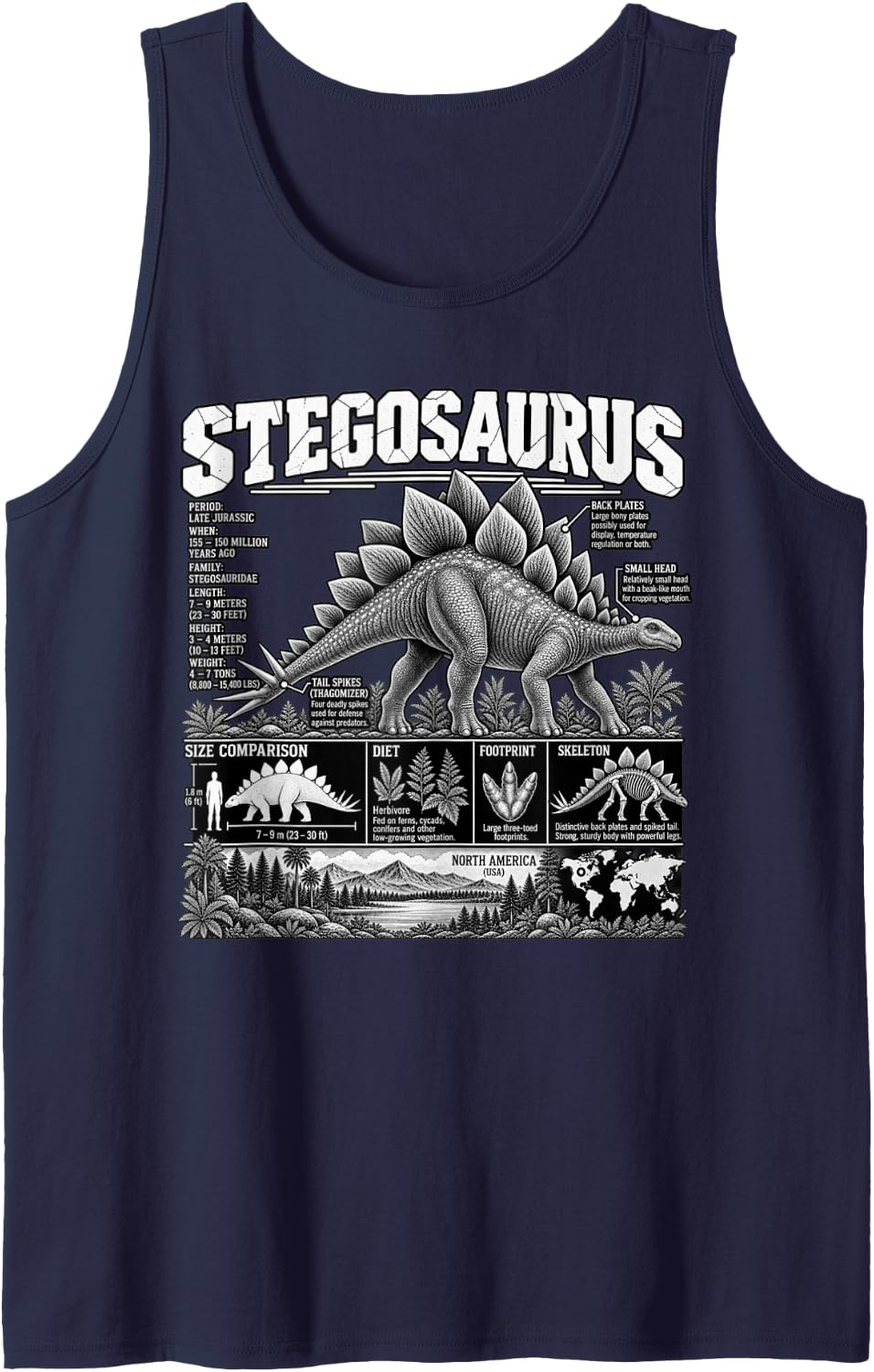 Stegosaurus Dinosaur Infographic Paleontology Field Guide Sleeveless Tank Top - Navy Blue
