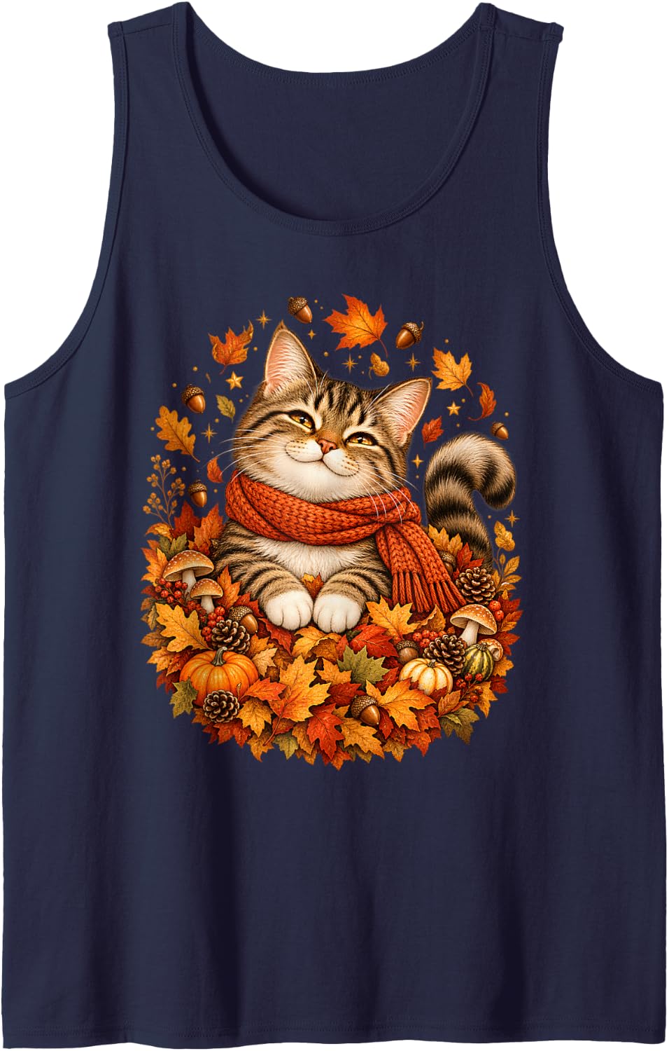 Pumpkin Season Autumn Kitten Lover Fall Cat Thanksgiving Sleeveless Tank Top - Navy Blue