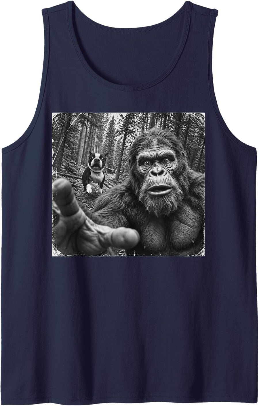 Bigfoot Selfie Running from Boston Terrier Forest Humor Sleeveless Tank Top - Navy Blue