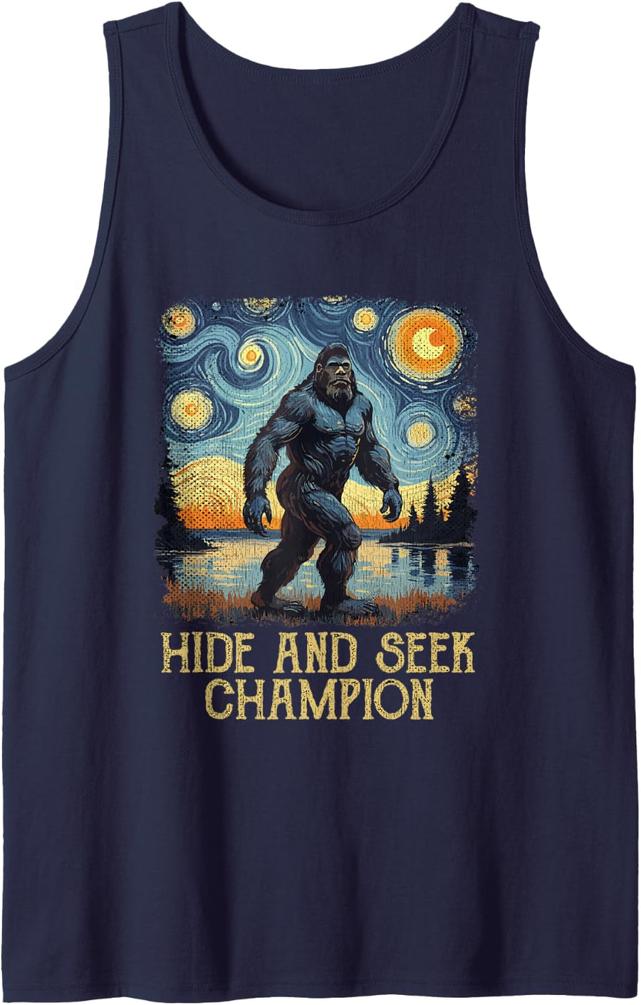 Hide and Seek Champion Shirt Bigfoot Van Gogh Art Teacher Sleeveless Tank Top - Navy Blue