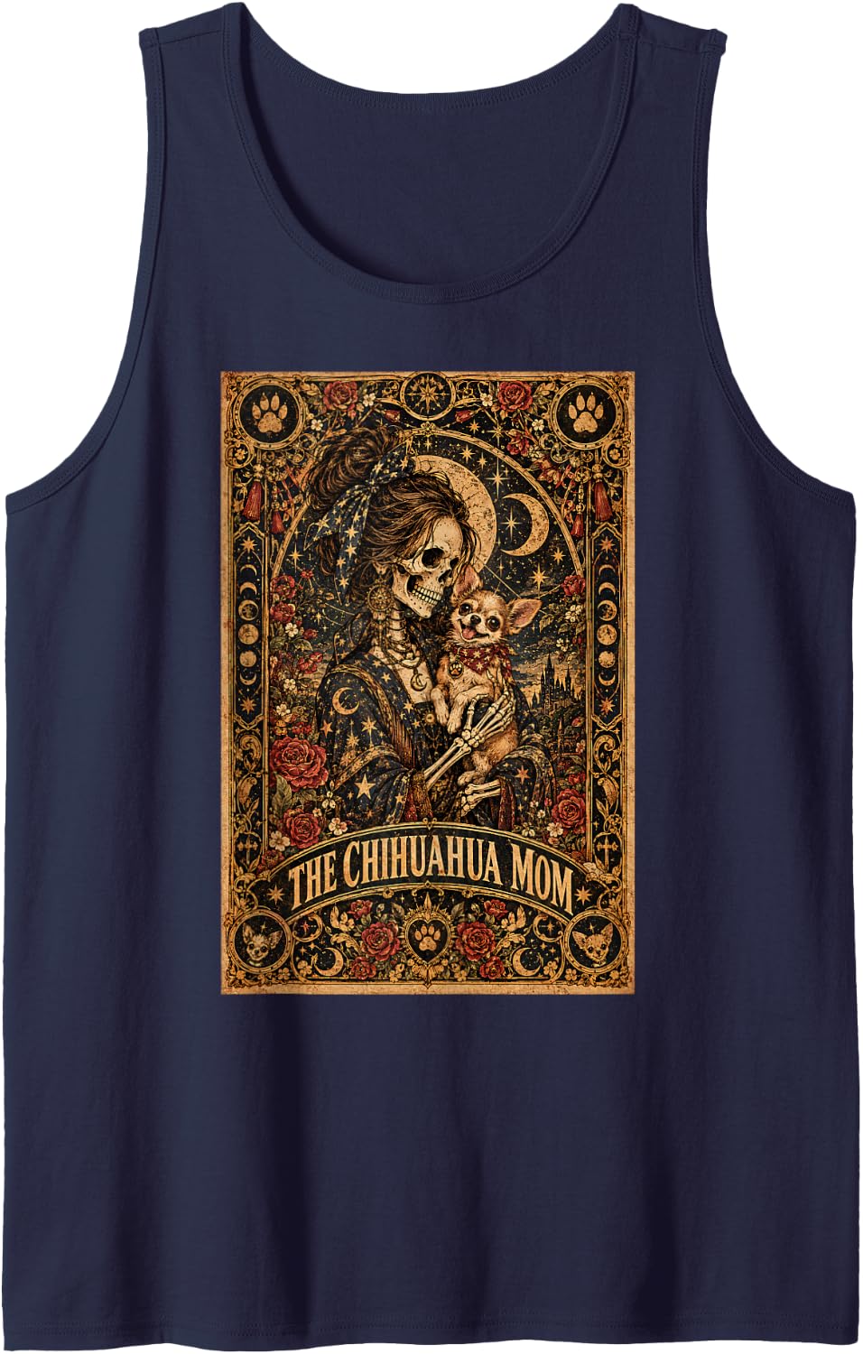 The Chihuahua Mom Gothic Skeleton Dog Lover Tarot Card Women Sleeveless Tank Top - Navy Blue