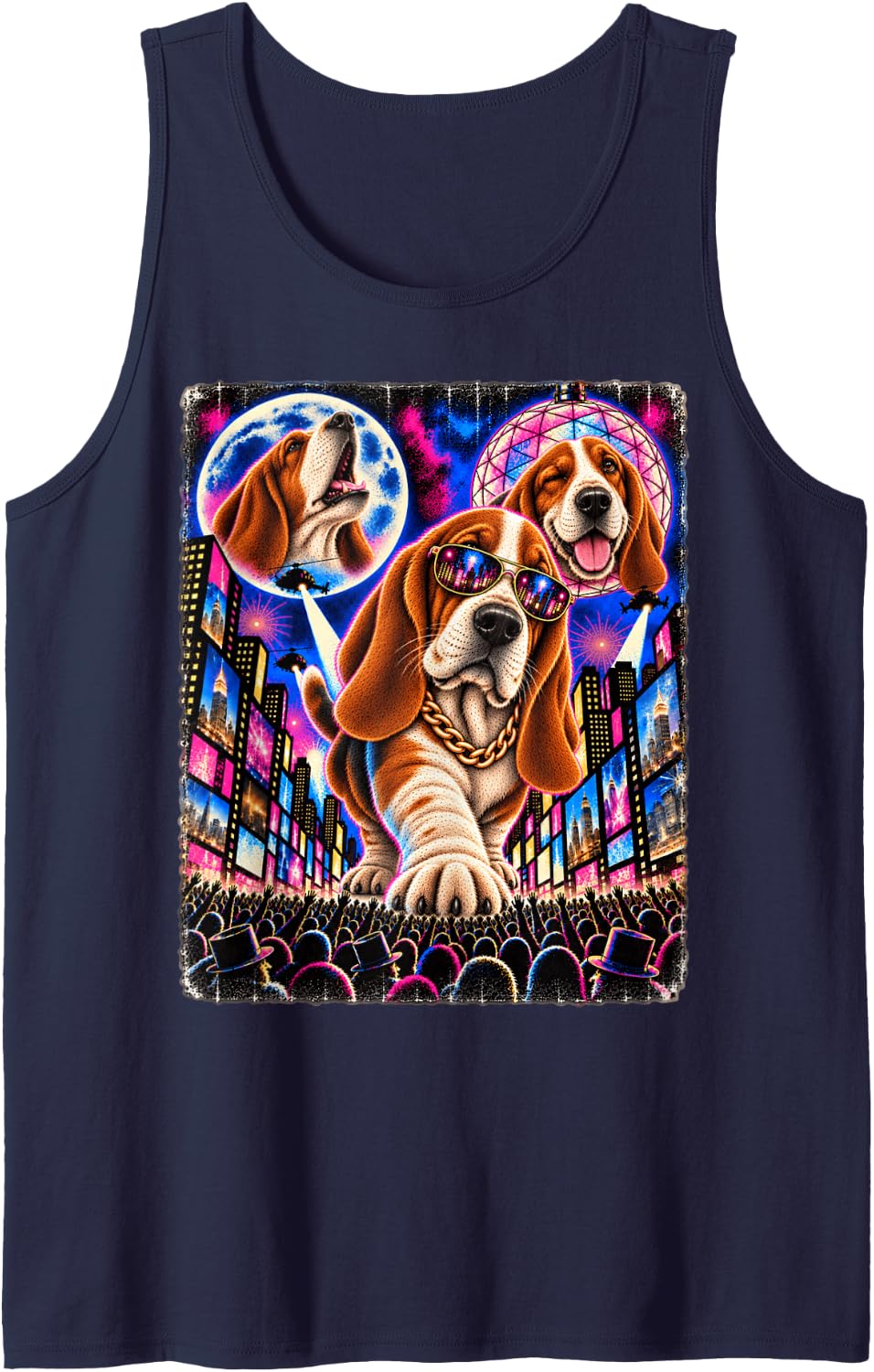 Basset Hound Times Square Hip Hop Rap Party Cool Sunglasses Sleeveless Tank Top - Navy Blue