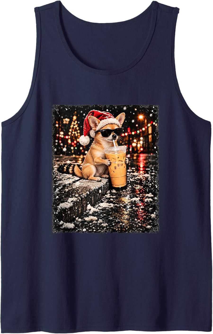 Funny Chihuahua Drinking Iced Coffee Christmas Animal Meme Sleeveless Tank Top - Navy Blue