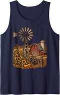 Rustic Windmill Barn Sunflower Harvest Scene Sleeveless Tank Top - Navy Blue