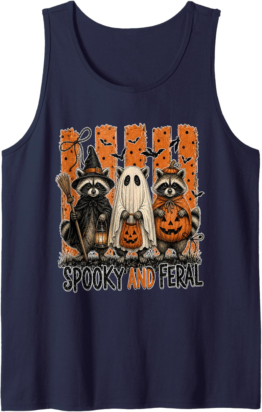 Witch Ghost Pumpkin Spooky and Feral Raccoon Halloween Tank Top - Navy Blue